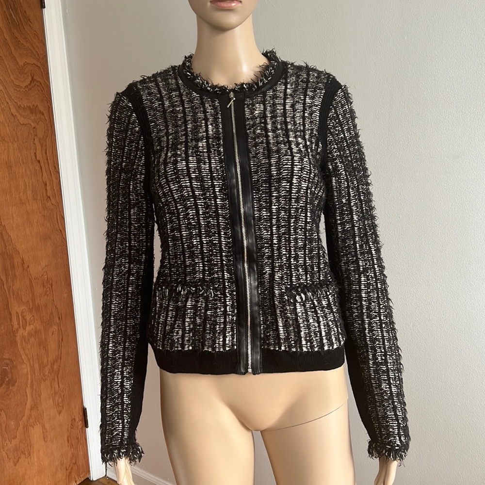 Rebecca Taylor Tweed Sweater Jacket Cardigan Zip Up Wool Cashmere Leather